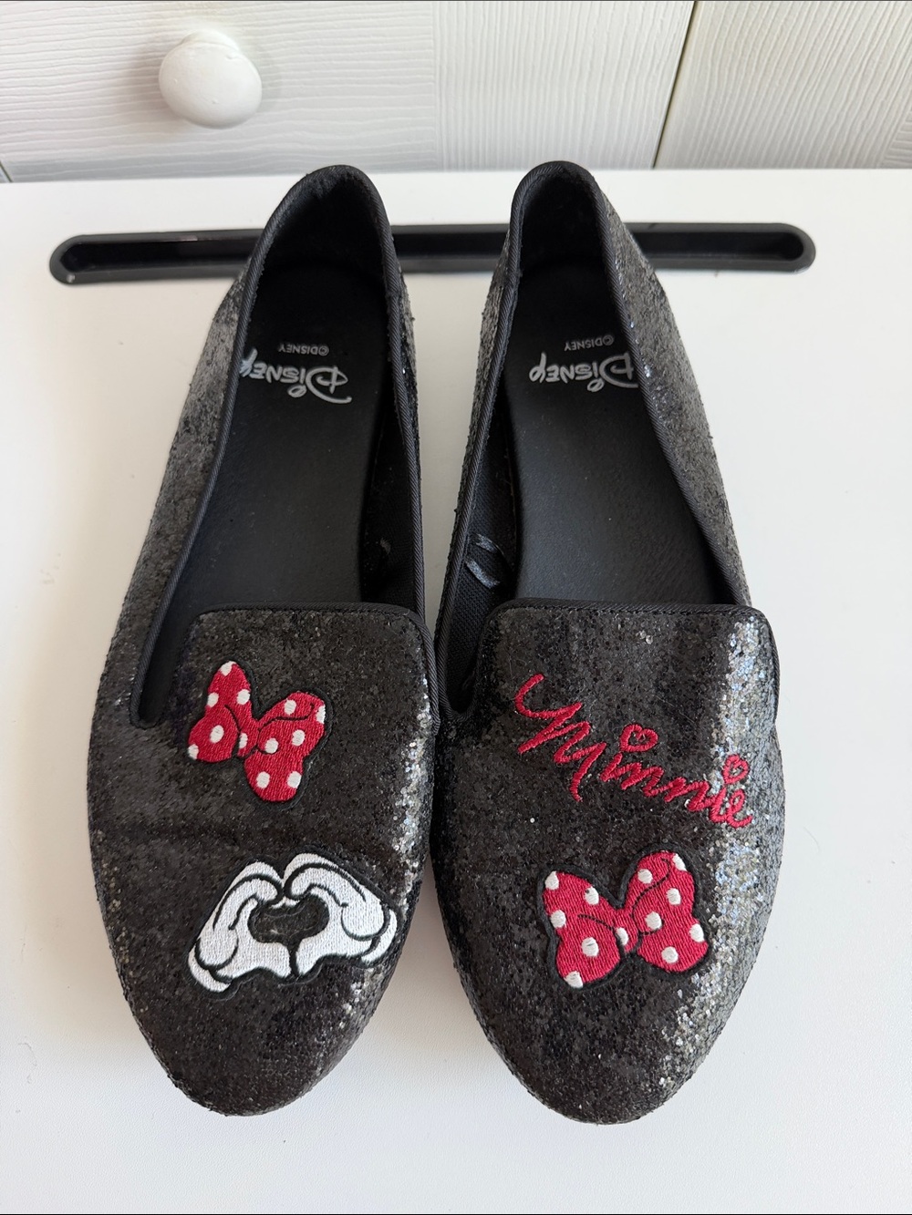 Disney Black Sequin Minnie Mouse Loafers with Red Polka Dot Bows